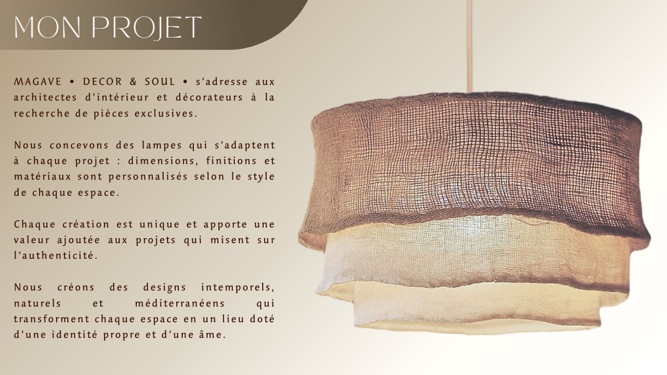 Projet MAGAVE · lampes en lin et jute faites main · design naturel et chaleureux