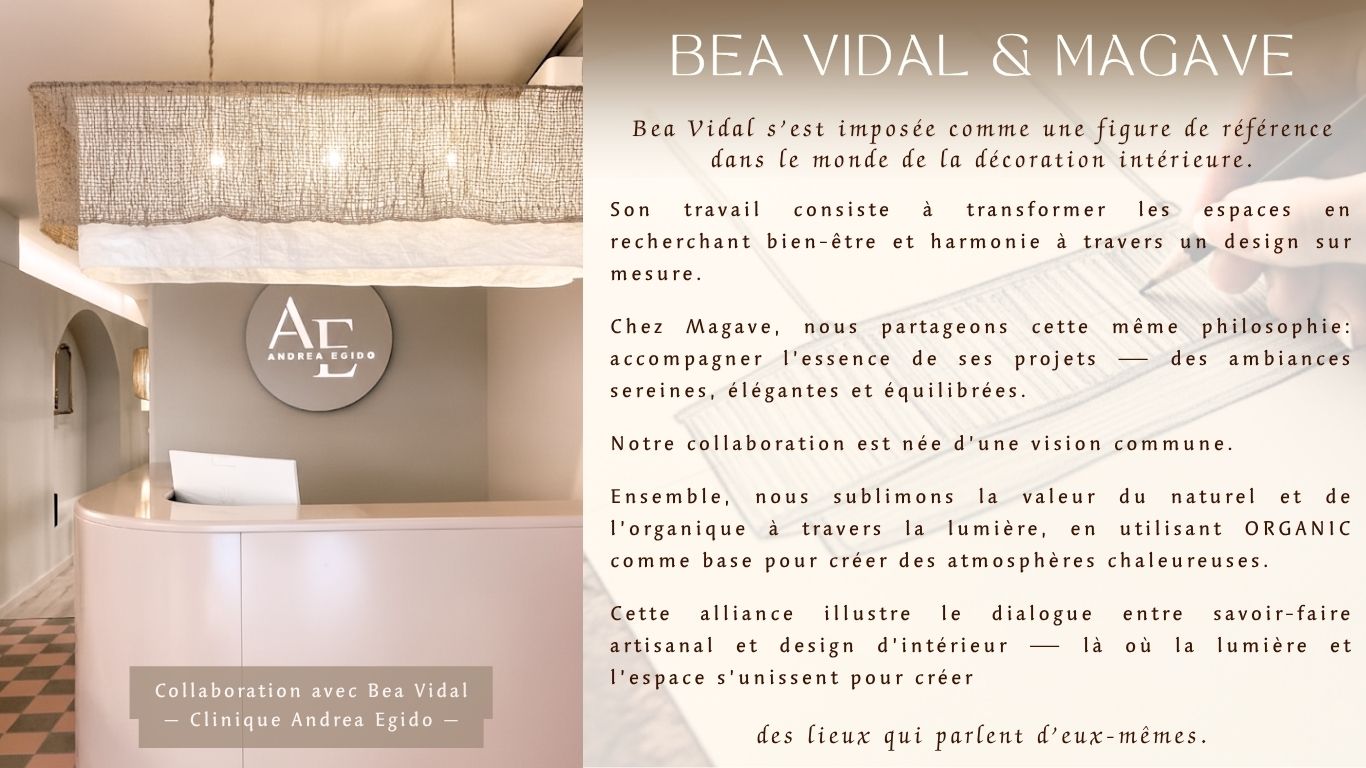 Projet Bea Vidal · lampes en lin et jute faites main · éclairage design MAGAVE